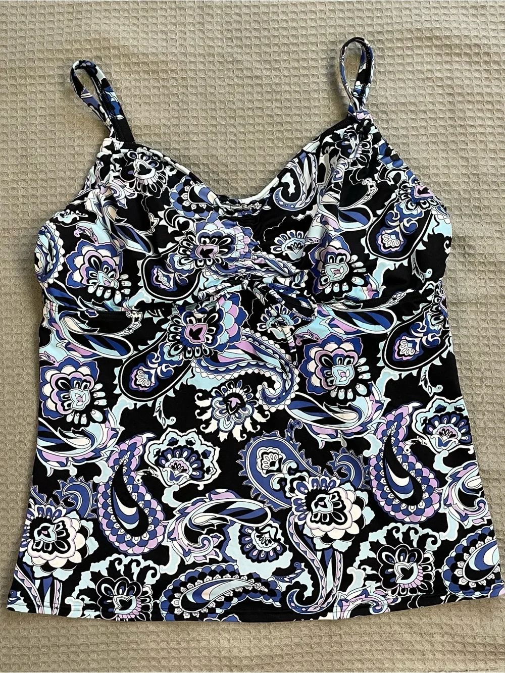 Lands End Tankini Swim Top 12DD Womens Black Blue Multi Paisley Underwire